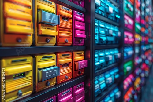 This vibrant image showcases a collection of colorful retro radio boomboxes neatly arranged on shelves