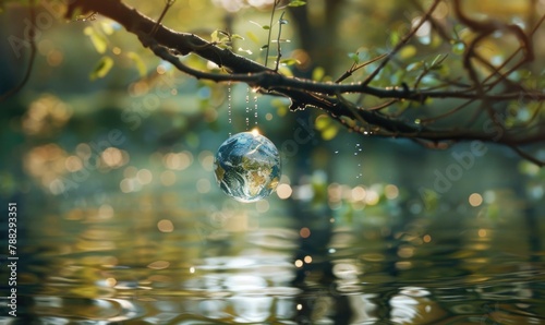 Earth globe suspended from a tree branch above a woodland pool