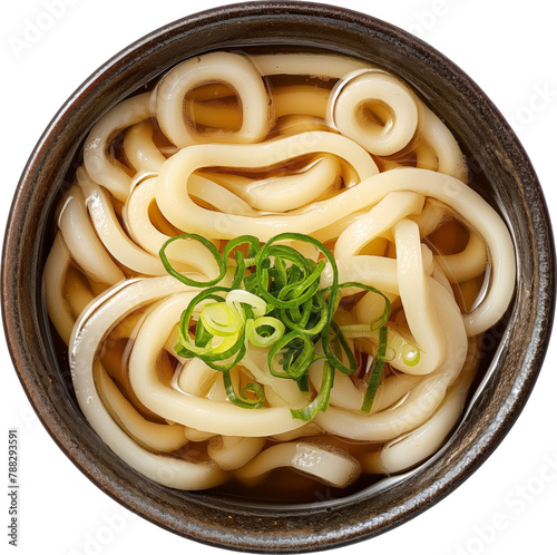 Bowl of Japanese udon noodle isolated. top view.