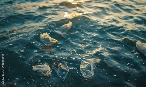 Plastic bags floating in the ocean water, environment and ecology