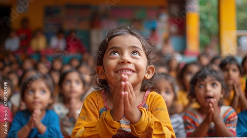 Youngsters enjoying a puppet show or magic performance, filled with wonder and excitement on Children's Dayimage photo