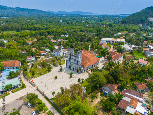 Aerial view of Mang Lang Catholic Church in ancient village in Phu Yen province, Vietnam. Travel and landscape concept