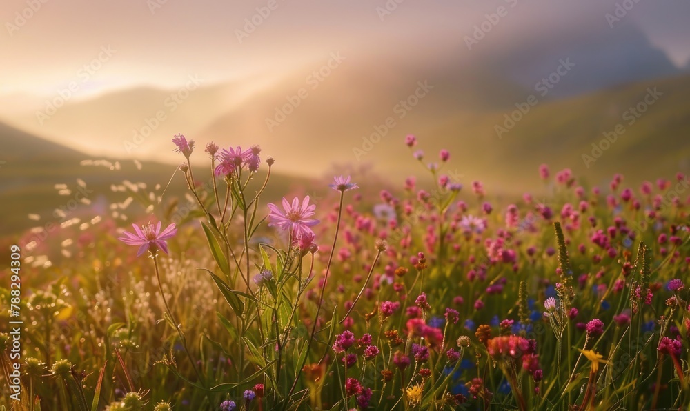Soft morning light in valley, wildflowers closeup view
