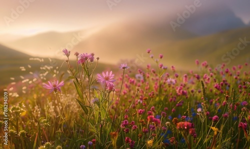 Soft morning light in valley, wildflowers closeup view