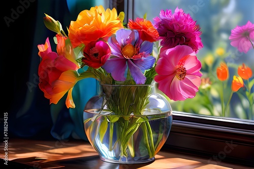 vase filled with lovely spring flowers. embellishment vibrant flowers in spring. Perfect for wallpaper with vibrant flowers, colorful backgrounds,