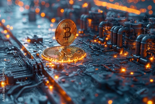 The photo displays a Bitcoin standing upright on a circuit board representing cryptocurrency and modern financial technology photo