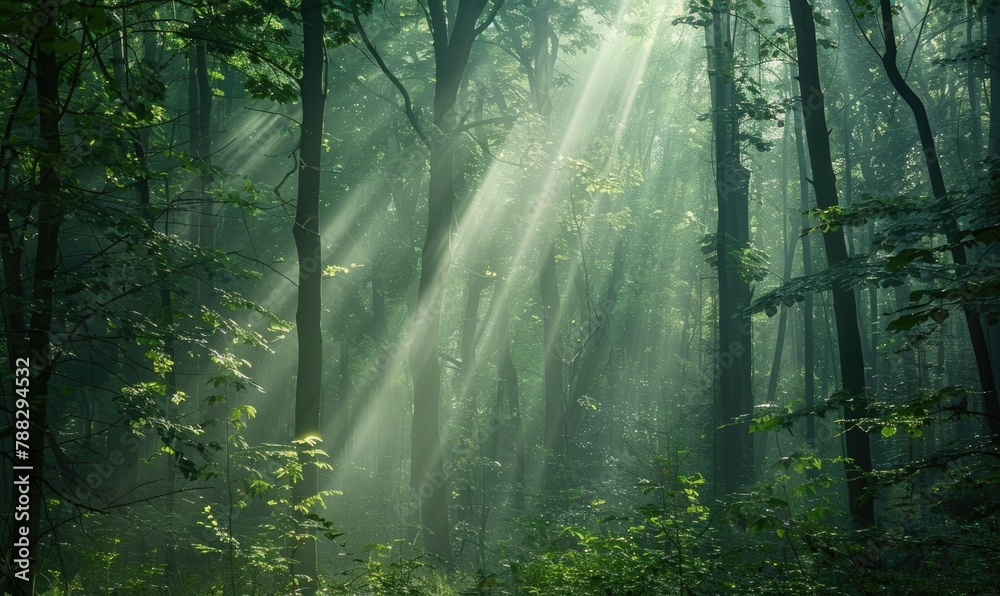 Soft morning sunlight filtering through a dense forest canopy