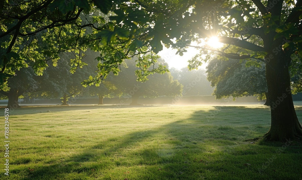 Fototapeta premium Soft morning sunlight filtering through a dense forest canopy