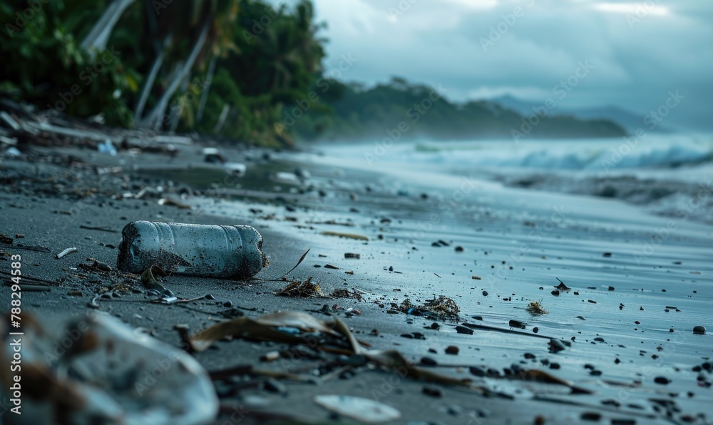 Trash washed ashore on a remote island beach Trash washed ashore on a remote island beach