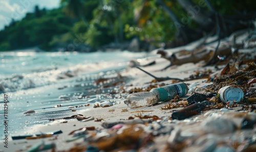 Trash washed ashore on a remote island beach