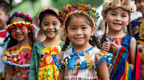 A vibrant parade of children from around the world, each wearing their traditional attire
