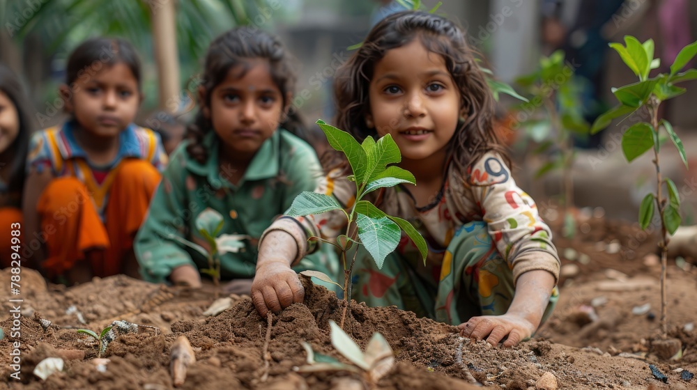 Children participating in a tree planting ceremony, contributing to environmental conservation efforts on Children's Dayphoto illustration Children participating in a tree planting ceremony, contributing to environmental conservation efforts on Children's Dayphoto illustration