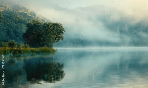A calm riverside scene with fog rolling over the water in the early morning
