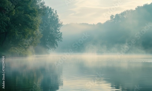 A calm riverside scene with fog rolling over the water in the early morning © TheoTheWizard