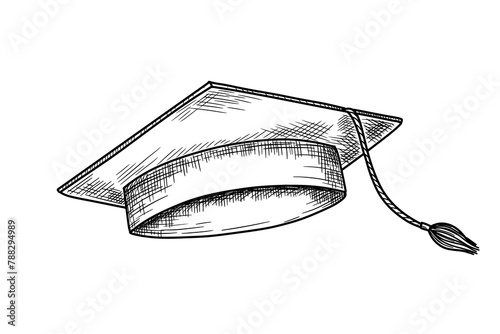 Graduate hat sketch. Hand drawn flying university cap in etching style. Academic hat monochrome illustration © Elena