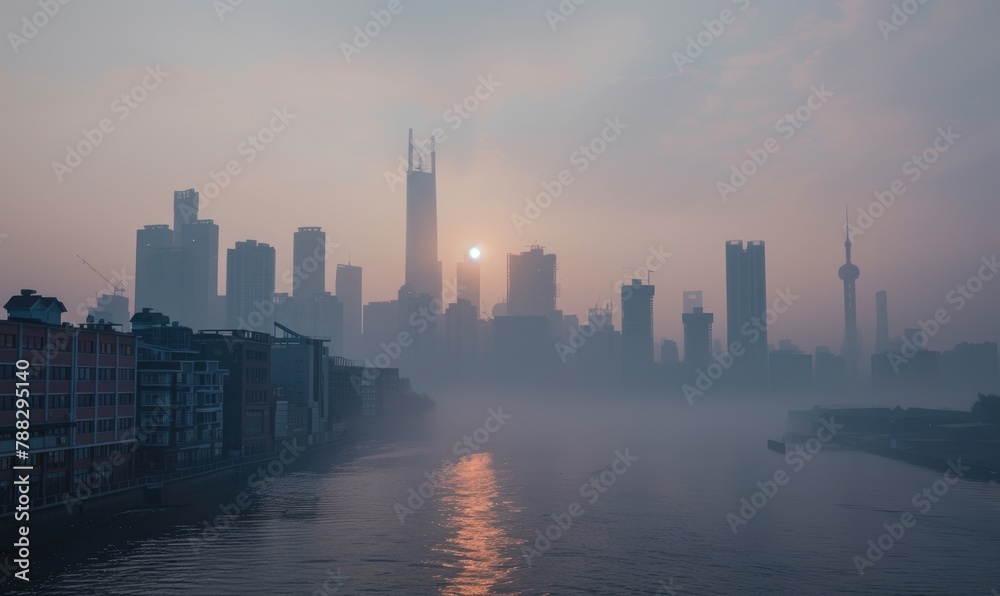 A city skyline obscured by thick smog, Industrial
