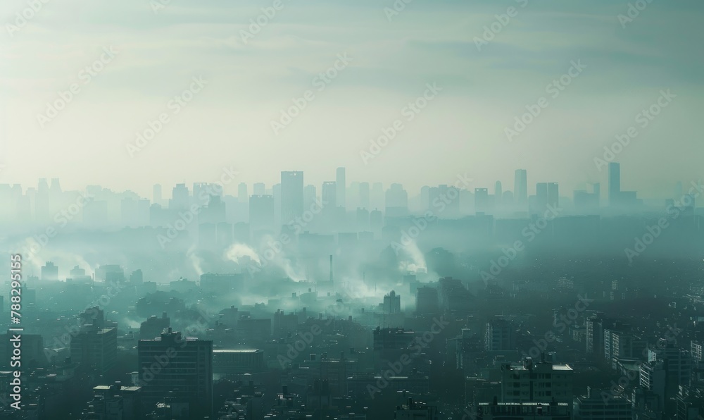 A city skyline obscured by thick smog, Industrial A city skyline obscured by thick smog, Industrial