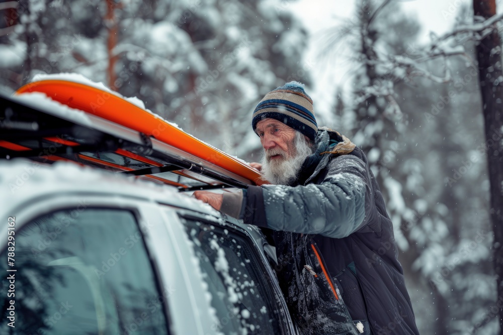 Senior man attaching kayak to car in snowy forest. generative ai