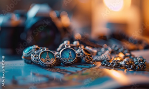 A charm bracelet featuring whimsical charms depicting travel destinations