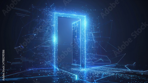 Abstract digital open door in future. Technology portal with bright neon light. Low poly futuristic door in tech blue. Opportunity concept on dark background.