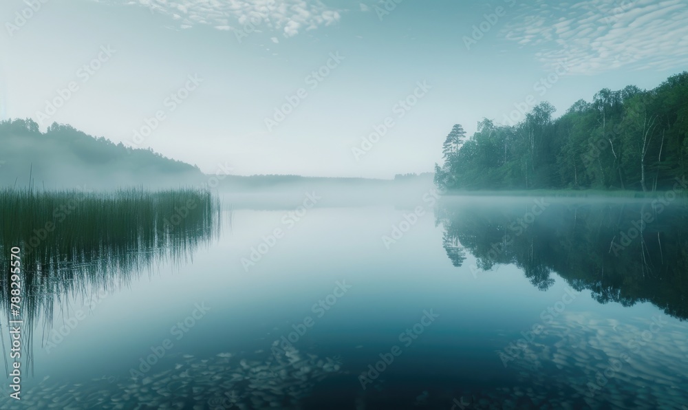 A gentle morning mist over a tranquil lake with soft reflections A gentle morning mist over a tranquil lake with soft reflections