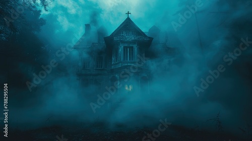 a spooky haunted house with eerie lighting and fog background with empty space for textimage photo
