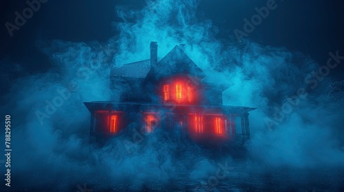 a spooky haunted house with eerie lighting and fog background with empty space for textimage illustration photo