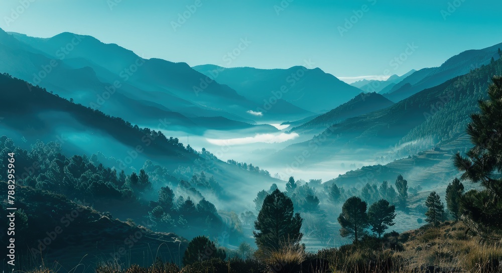 A misty mountain valley bathed in soft morning light A misty mountain valley bathed in soft morning light