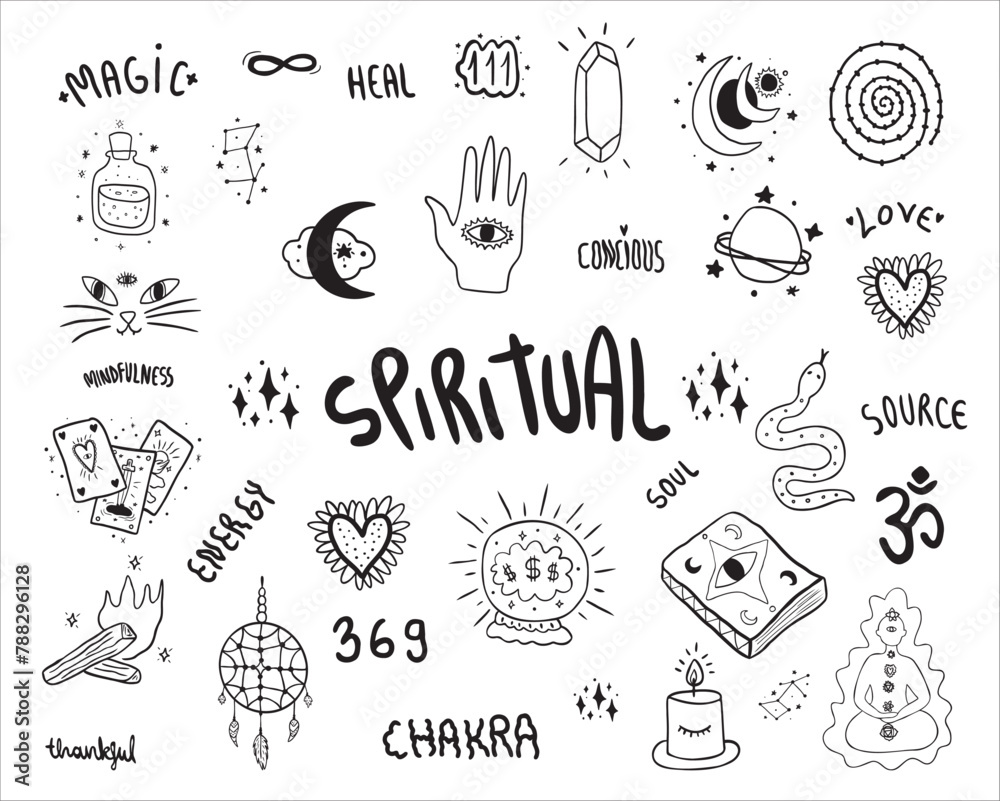 Set of esoteric Clip Art files, Spiritual vector line art illustrations Mystical,meditation, Witchy doodles, occult graphics