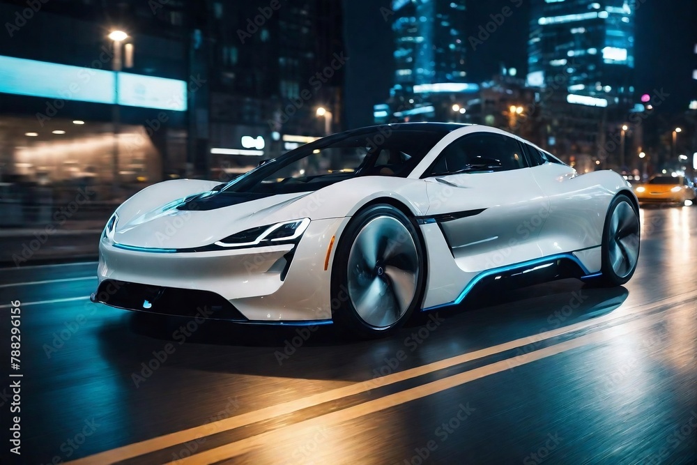 Futuristic electric car running on the city street at night with motion blur and copy space. Futuristic EV Car and Alternative Energy Concept.