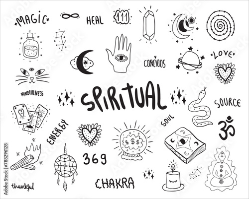 Set of esoteric Clip Art files, Spiritual vector line art illustrations Mystical,meditation, Witchy doodles, occult graphics photo