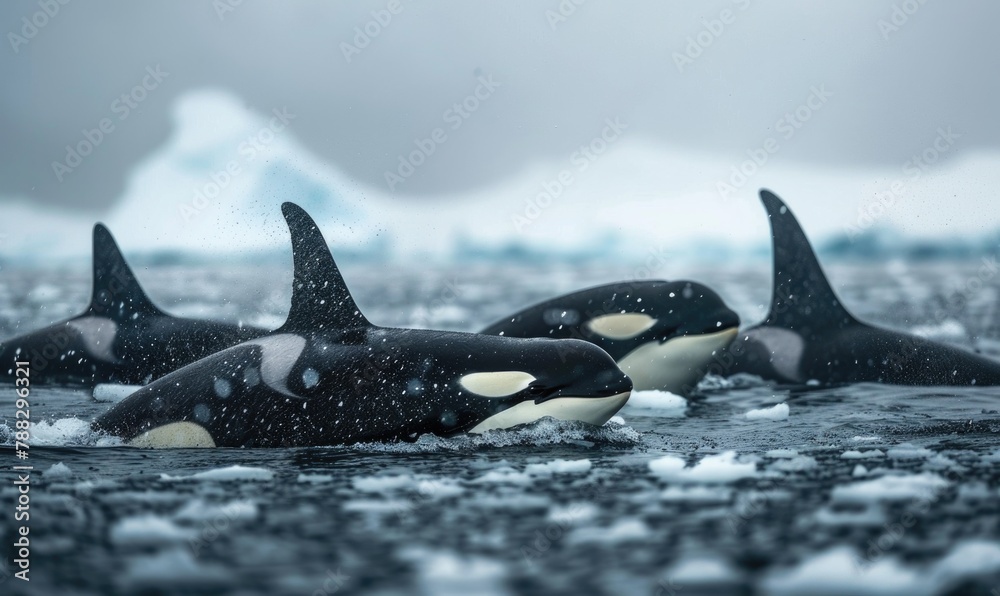 Fototapeta premium A pod of orca whales swimming gracefully in icy waters