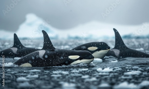 A pod of orca whales swimming gracefully in icy waters
