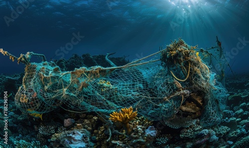 Abandoned fishing nets entangled on a coral reef, underwater background