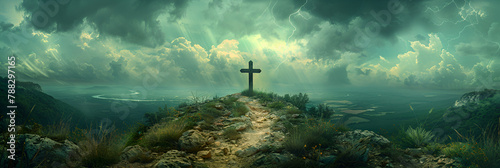 A Cross on a Hill with a Cloudy Sky in the Background , A cross stands atop a hill encircled by clouds in the sky