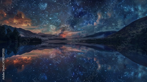 A star-filled sky reflects off the calm waters of a tranquil lake, creating a stunning mirror image of the cosmos above.