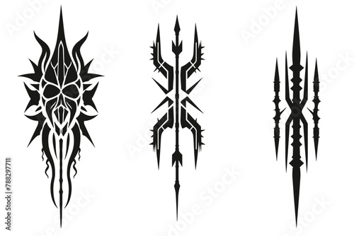 Neo tribal gothic tattoo set, retro futuristic y2k cyber symmetry shapes, vector dark roots branches. Metal music cover print, alien surreal illustration, sword, star grunge clipart. Neo tribal symbol