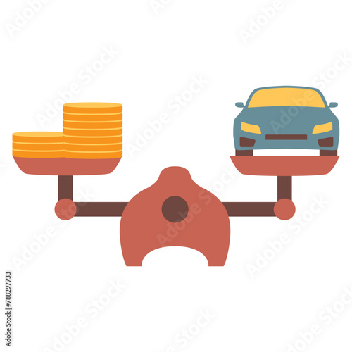 Investment in car.Scales with car and gold coins.Financial scales with car.Automobile and money on scales.Car valuation.The cost of the vehicle and the stack of coins.Sedan price.