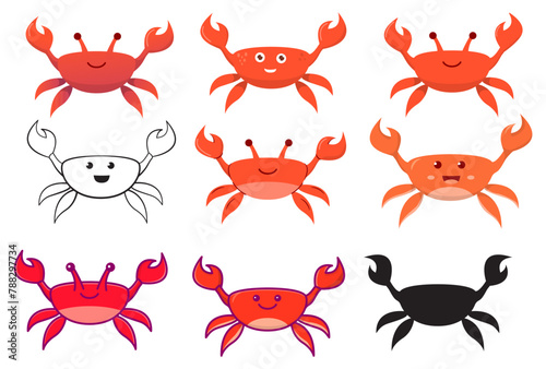 Crab character smiling.Cute cartoon red crab.Vector flat illustration.Underwater crustaceans.Isolated on white background.