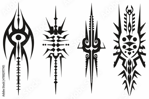 Neo tribal gothic tattoo set, retro futuristic y2k cyber symmetry shapes, vector dark roots branches. Metal music cover print, alien surreal illustration, sword, star grunge clipart. Neo tribal symbol
