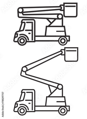 Bucket truck line icon.Bucket boom truck side view.Aerial platform.Crane truck with basket.Bucket boom truck.Picker high lift platform.Vector outline illustration.Isolated on white background.