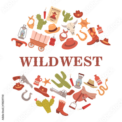 Round frame.Gun revolver. Cowboy revolver.Wlid west weapon.Wlid west.Cowboy boot.Western boot.Sheriff's star.Western wooden signboard. Wanted poster.A saddle for a horse.Vector illustration cartoon.