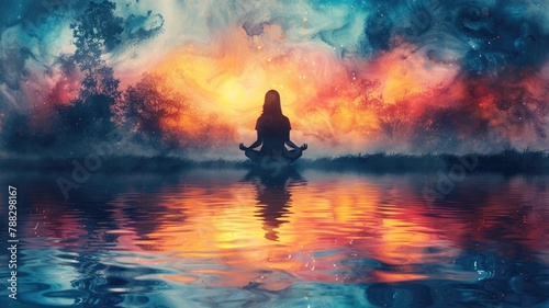 Experience tranquility: Pastel-colored meditation background with a watercolor painting. Women meditate in harmony for International Yoga Day. Ample copy space for postcards and banners.