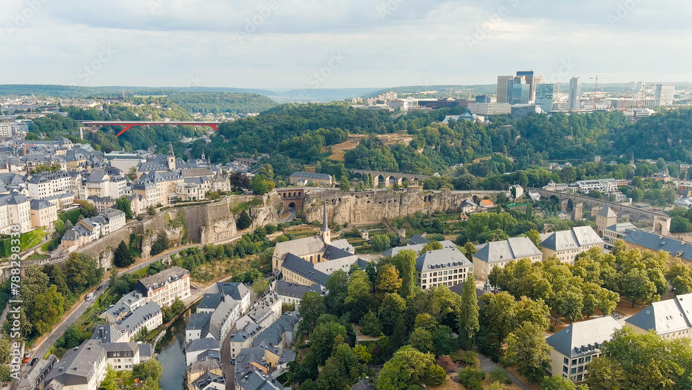 Luxembourg City, Luxembourg. Bock Casemates. Panoramic view of the historical part of Luxembourg city. The city is located in a deep valley of two rivers - Alzette and Petrus, Aerial View