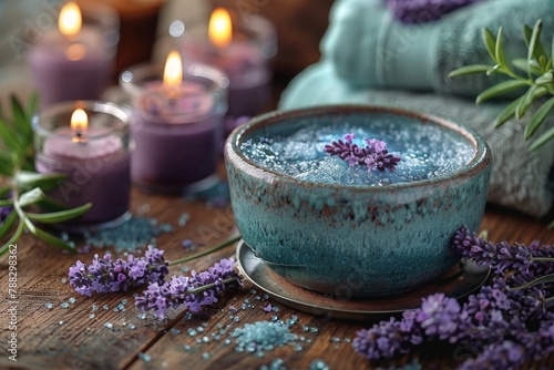 Purple lavender salts in an artisanal bowl  surrounded by lit candles  evoke a sense of tranquillity and self-care in a spa setting