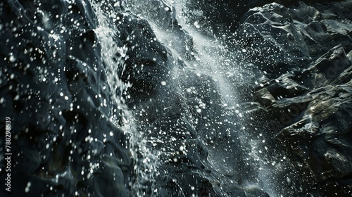 A stream of water cascades down a rocky cliff, sending droplets flying in all directions as it crashes into the pool below.