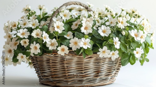 A wicker basket full of white flowers on a white background