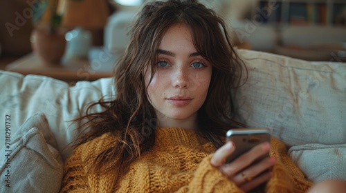 portrait of pretty dreamy girl sitting on soft cozy couch use phone watching up planning weekend indoor house modern flatimage illustration photo