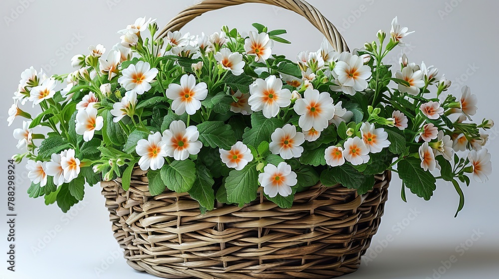 A wicker basket full of white flowers on a white background