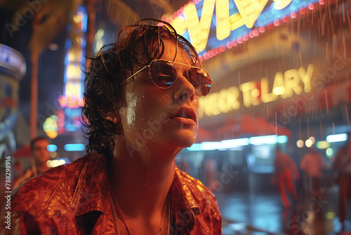 Vegas Nightlife, Man with Glasses in Rainy Neon-Lit Street © Collorio